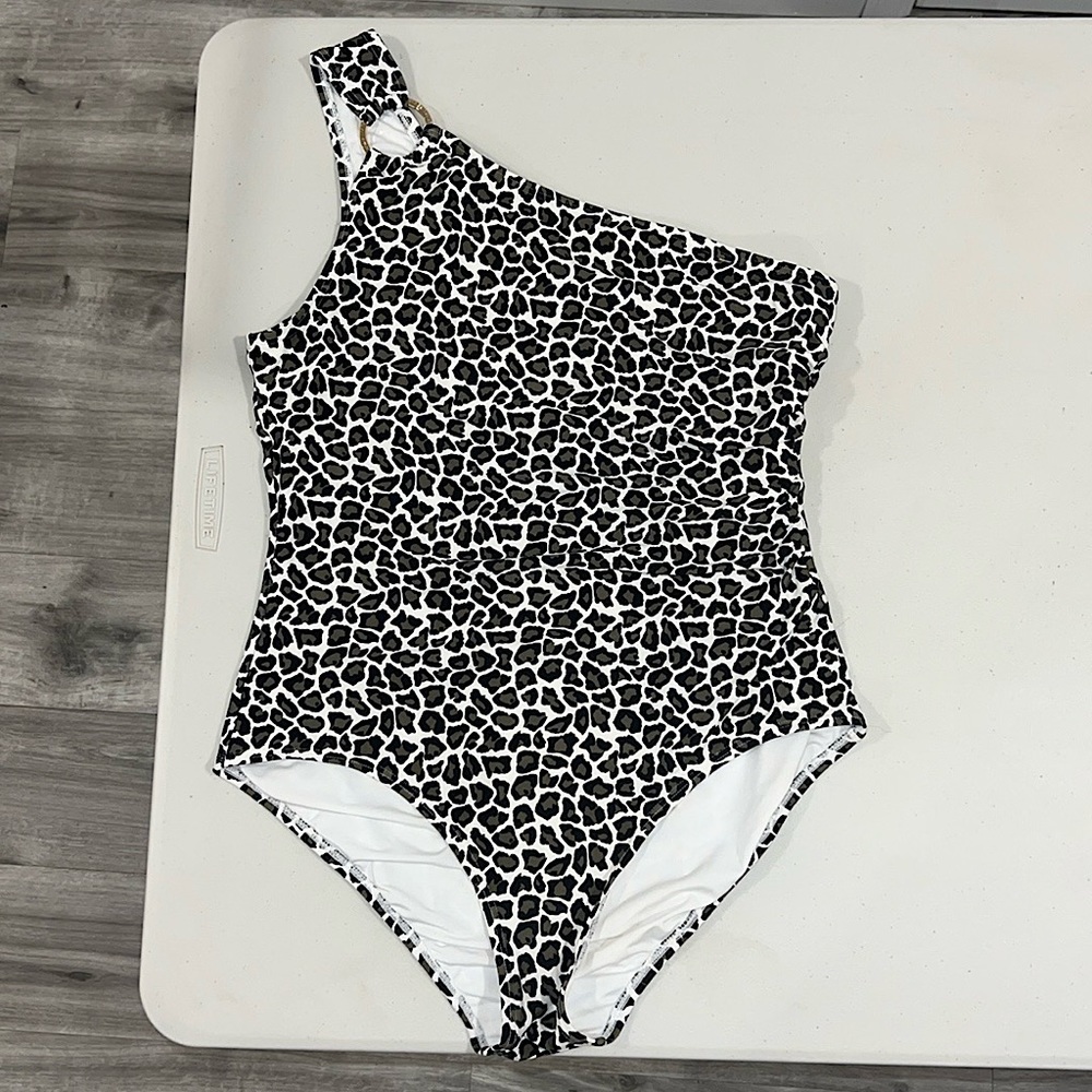 MICHAEL KORS Navy Green/White/Black Leopard One-Piece Bathing Suit